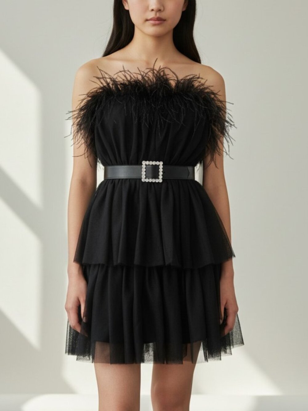 City Studio Black Strapless Feather Mini Dress, NWT - Tiered Tulle - Size 1/2